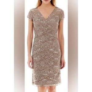 Scarlett Nite Sequined Lace Layered Taupe Cocktail/Wedding Dress Size 6